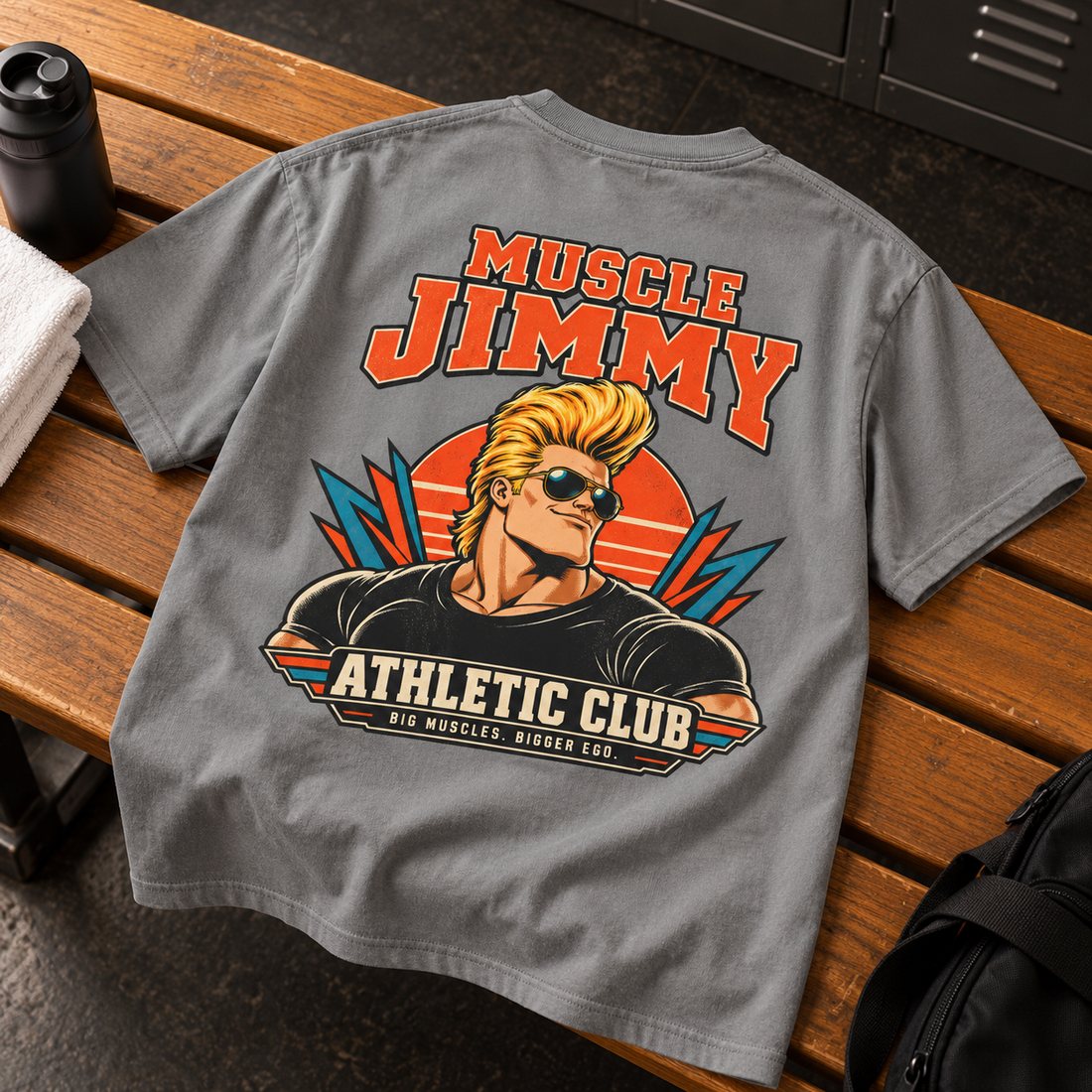 Grey Muscle Jimmy tee laid on a locker-room bench, showing the back print