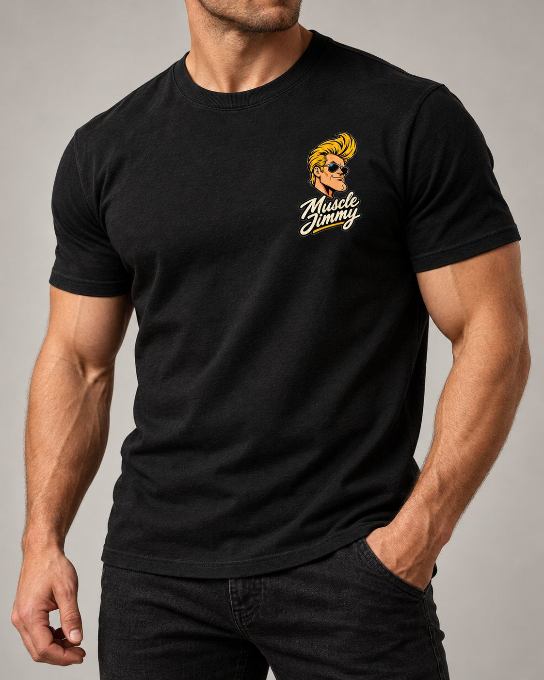 Close-up of the black Muscle Jimmy tee with the chest logo