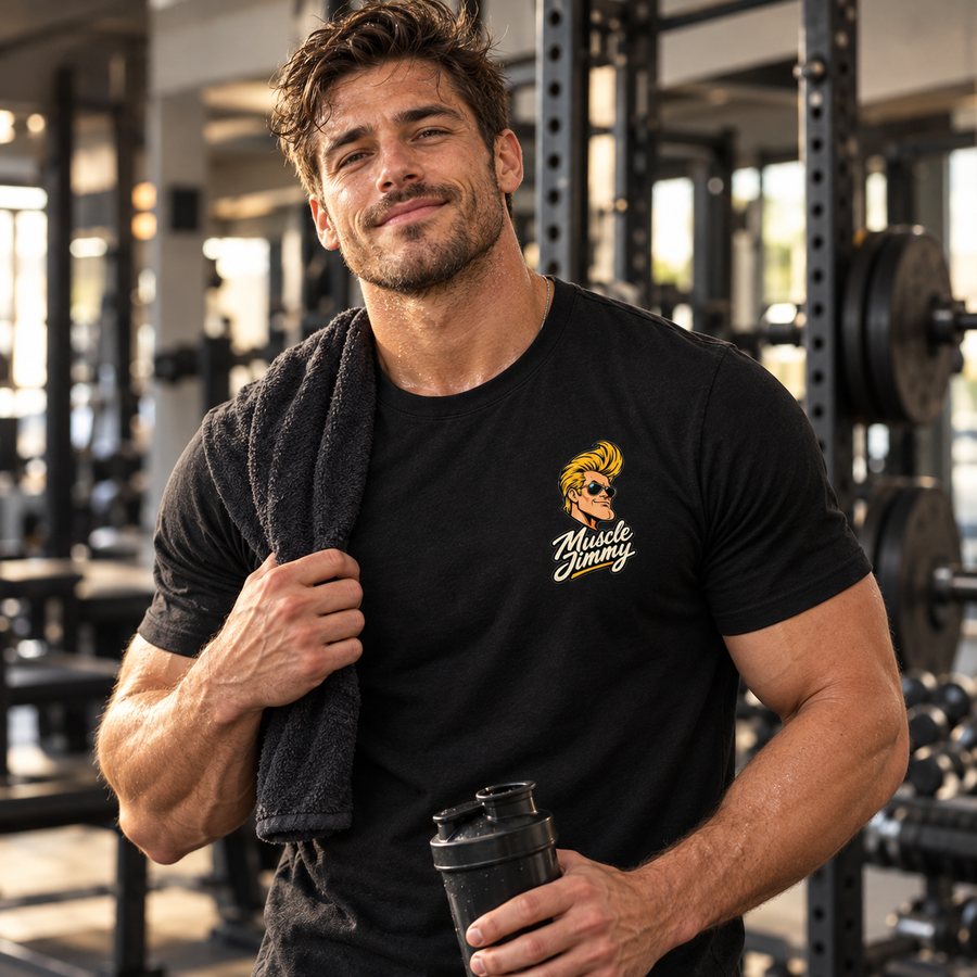 Man in the gym with a towel and shaker, wearing the black Muscle Jimmy tee