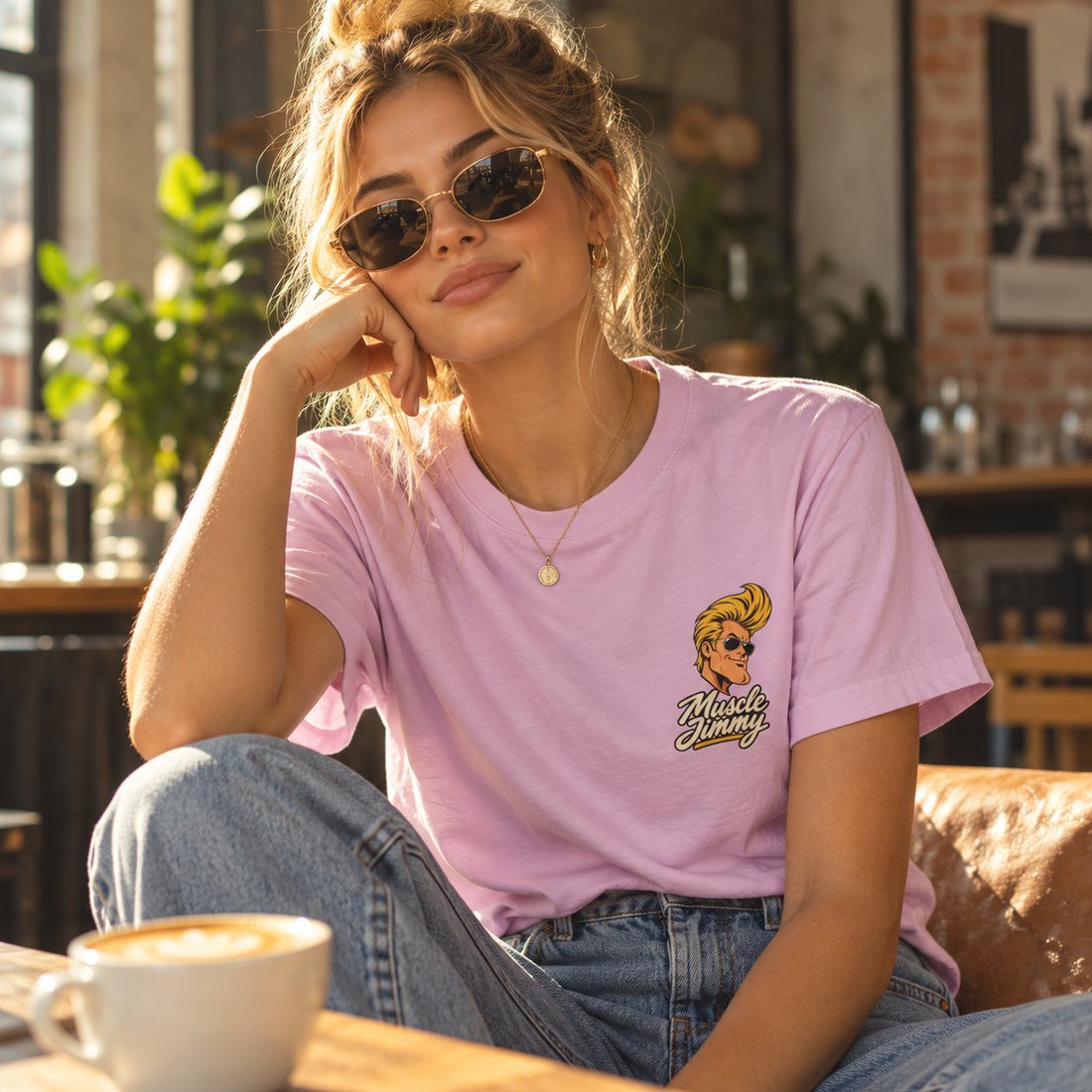 Woman in sunglasses at a café wearing the orchid Muscle Jimmy tee