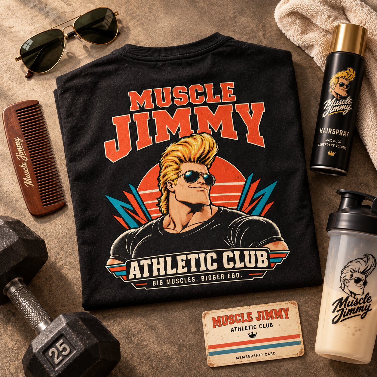 The Muscle Jimmy Athletic Club tee folded and styled with aviators and gym props