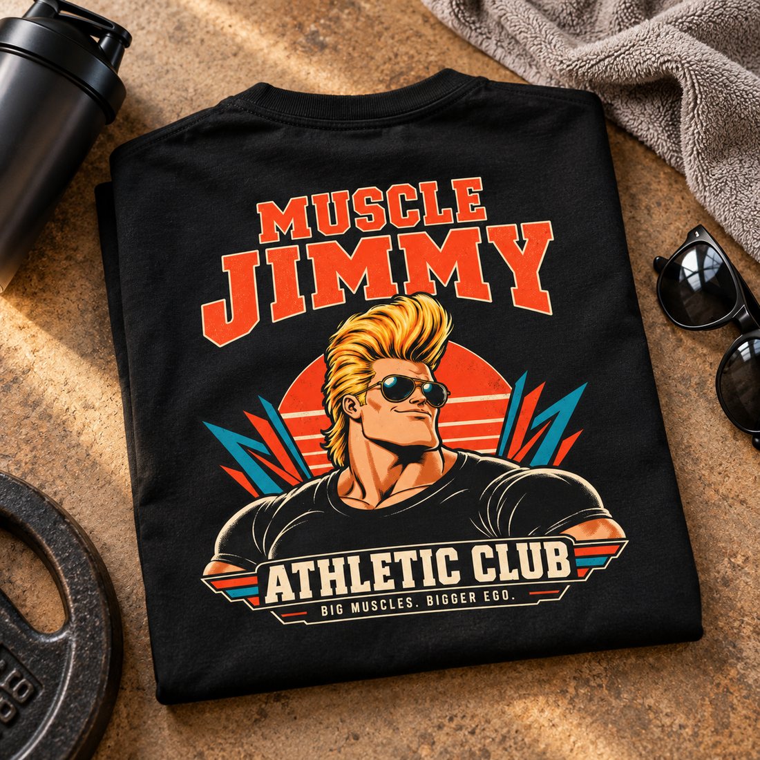Folded black Muscle Jimmy tee showing the back print, with sunglasses and a weight plate