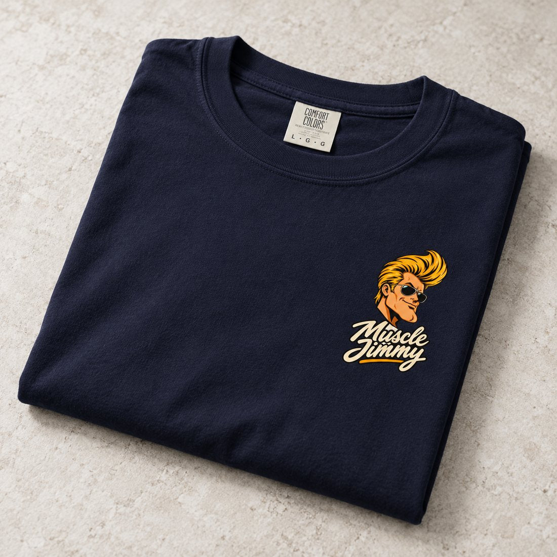 Folded navy Muscle Jimmy tee with the chest logo