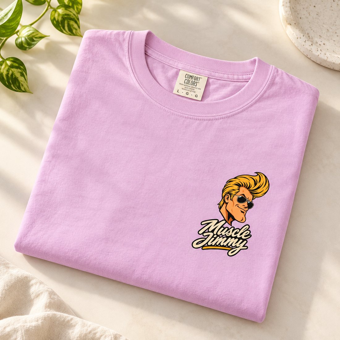 Folded orchid Muscle Jimmy tee with the chest logo