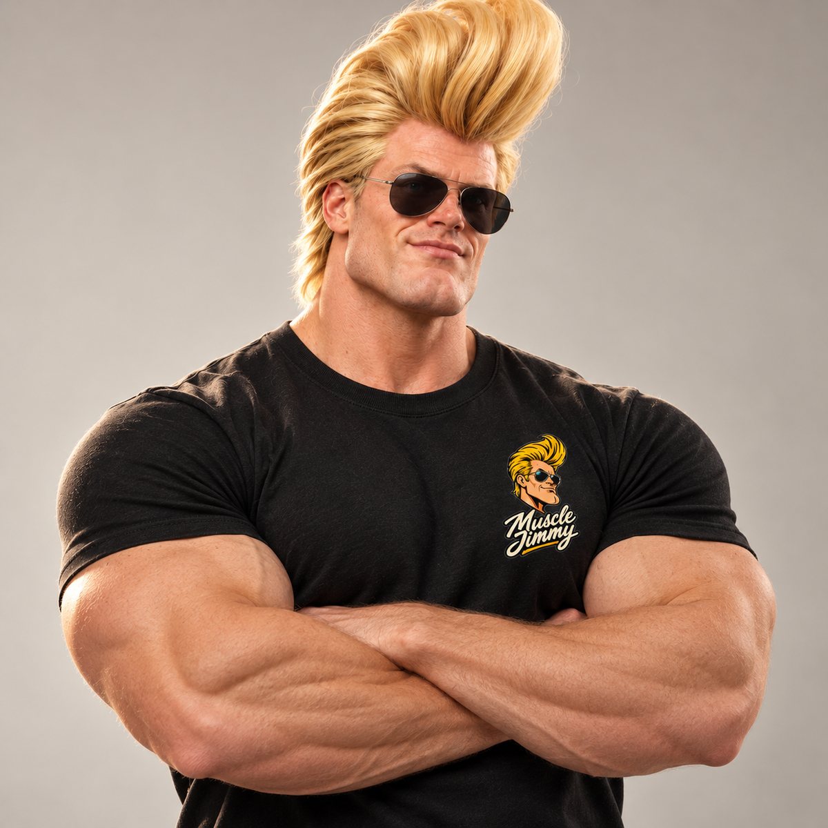 Muscle Jimmy with his blond pompadour and aviators, arms crossed, wearing the black tee with the chest logo