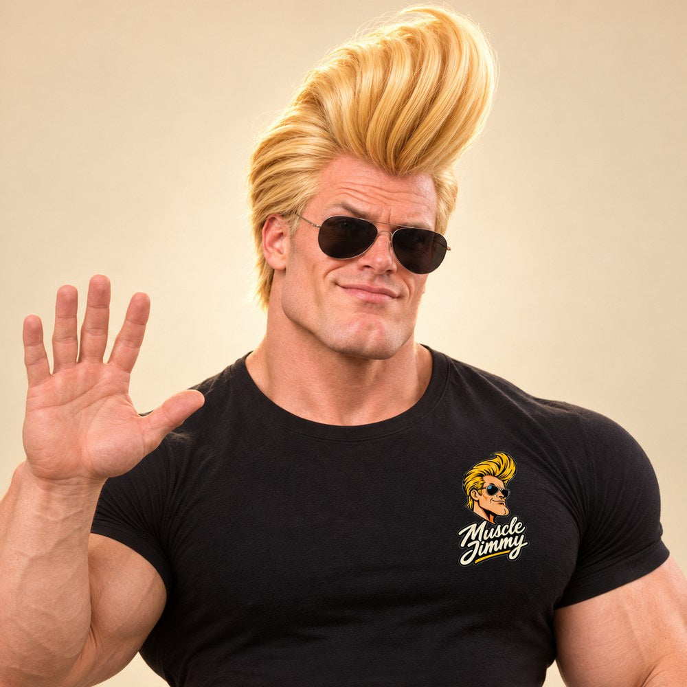 Jimmy waving hello in a black Muscle Jimmy tee, with his tall golden pompadour and aviator sunglasses