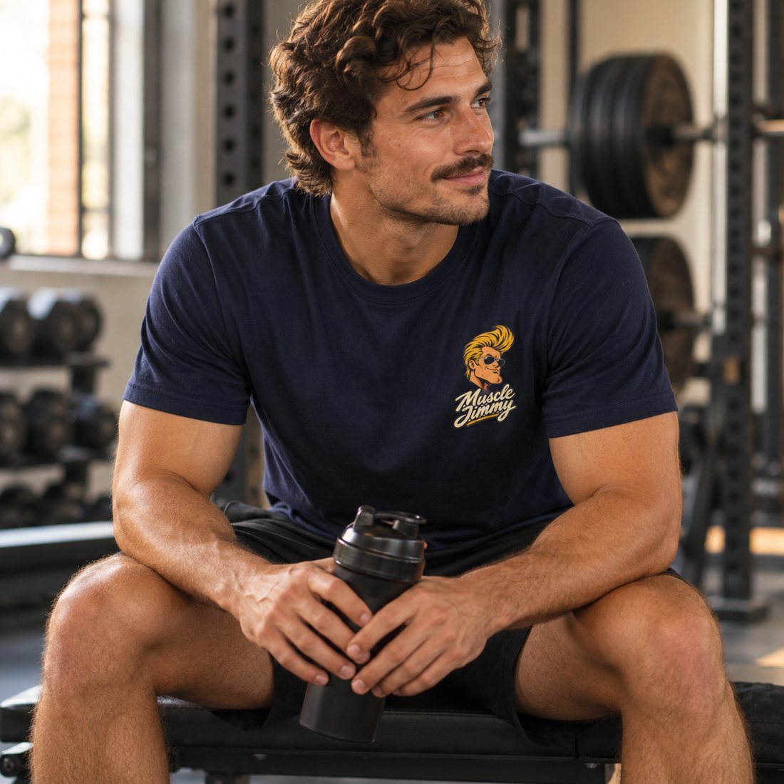 Man resting on a gym bench in the navy Muscle Jimmy tee
