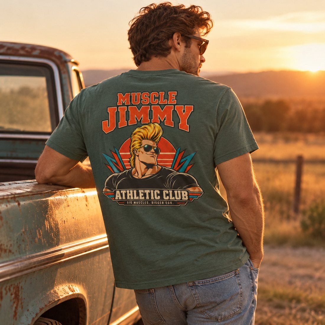 Man by an old truck at sunset, showing the Athletic Club back print on a green tee