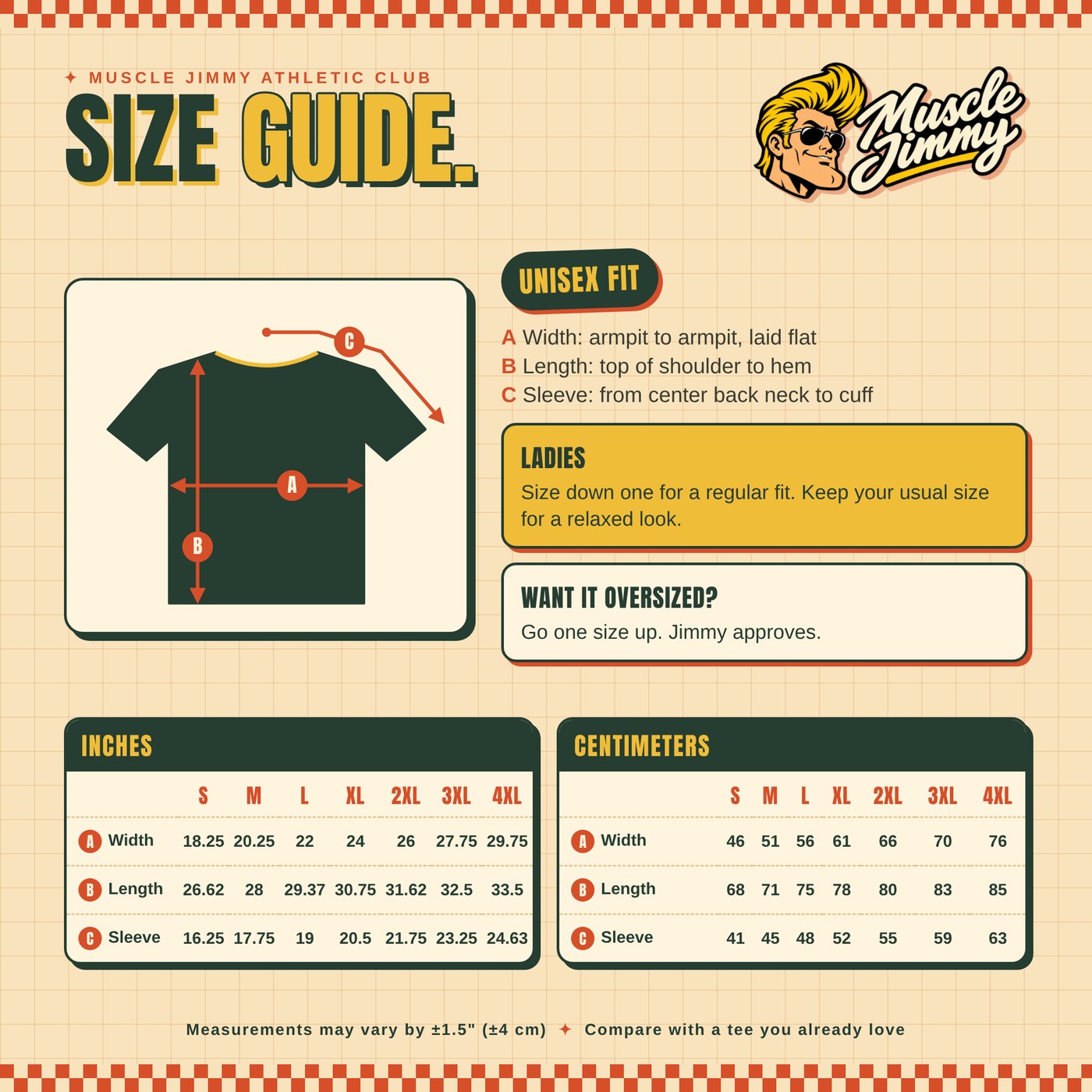 Muscle Jimmy unisex size guide with width, length and sleeve measurements in inches and centimeters
